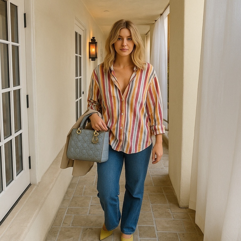 Gap Striped Button Up Blouse Cotton Poplin Long Sleeve Down Collar